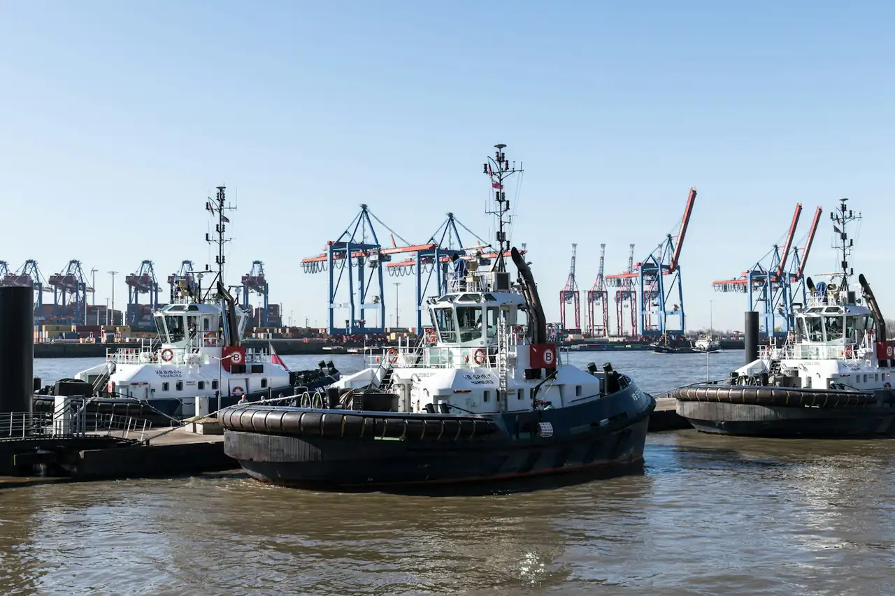 Tugs and container cranes in a harbour