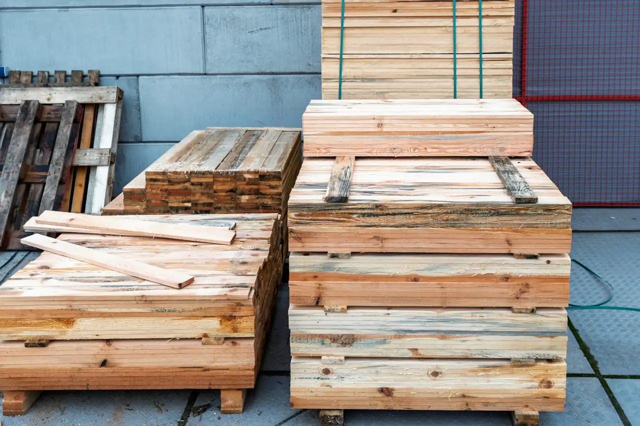 Timber crates stacked on pallets